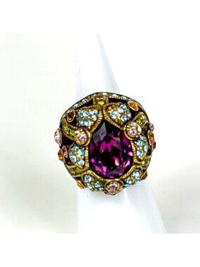 Heidi Daus Damoiselle Amethyst Swarovski Crystals Antiquated Cocktail Ring Sz 6
